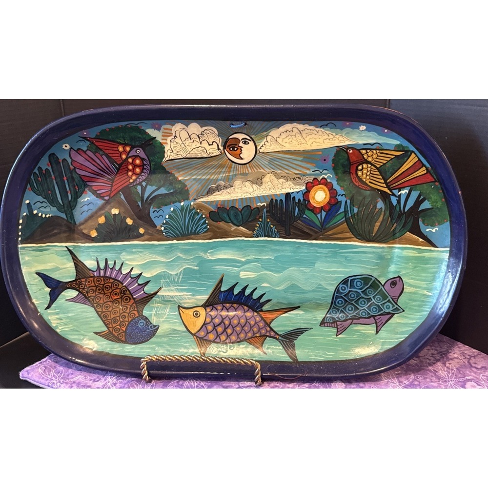 Mexico Vallarta Hand Painted Hanging Fish Oval Wall Decor Plate Folk Art READ